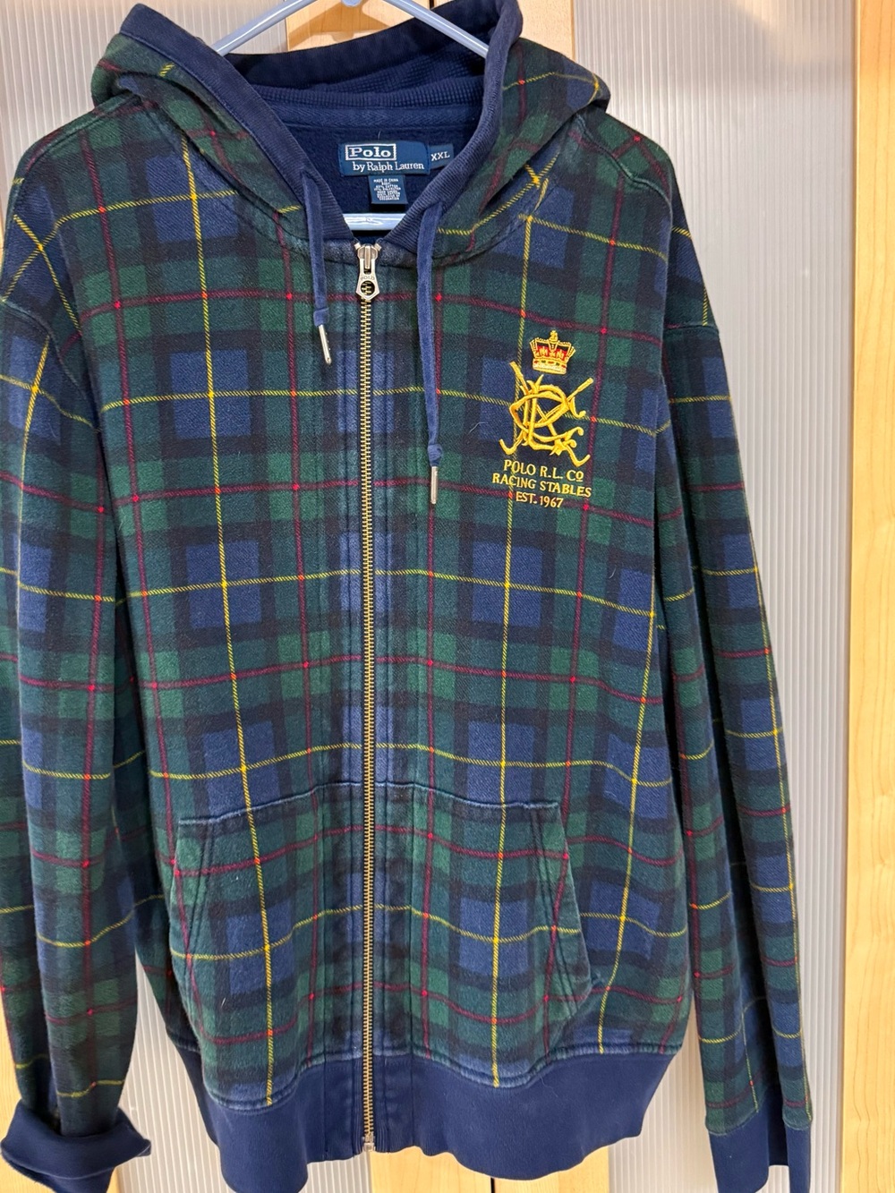 Ralph Lauren Navy & Green Plaid Zip Hoodie with Embroidered Crest